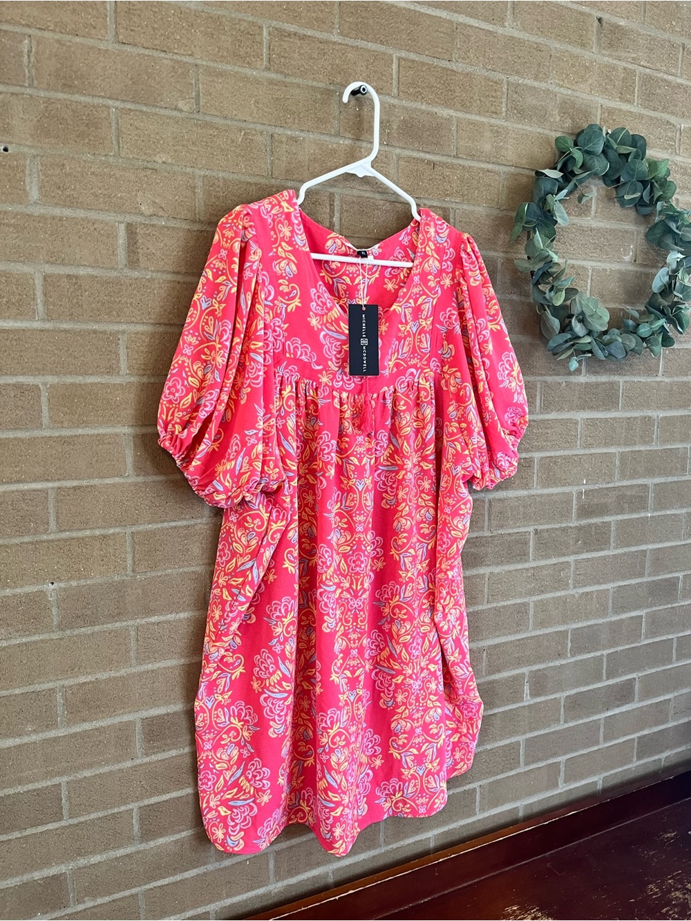 Women's Pink Floral Mini Dress with Puff Sleeves - Picture 2 of 3